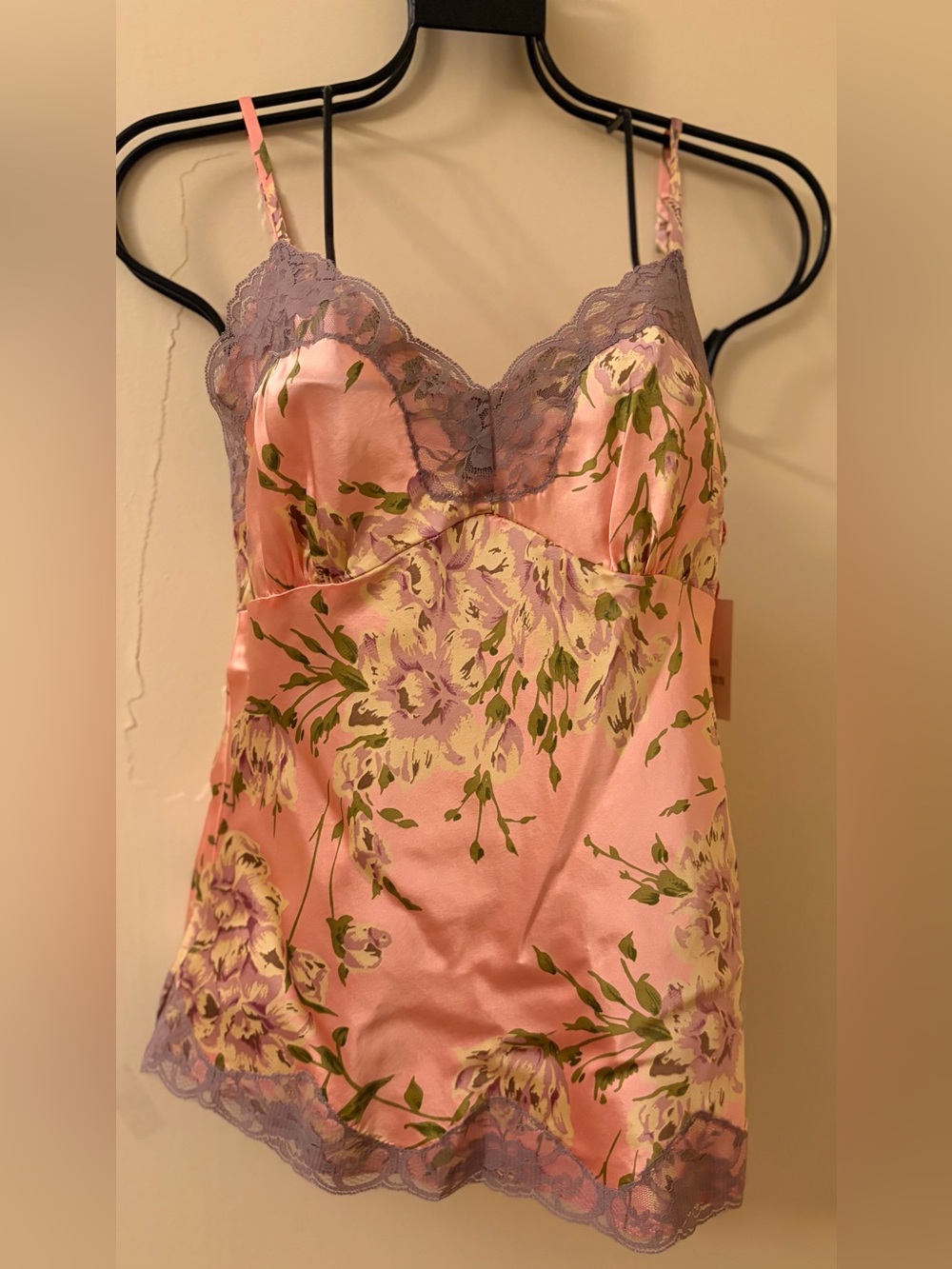 Silk-Feel Floral Lace Trim Camisole in Pink and Lavender